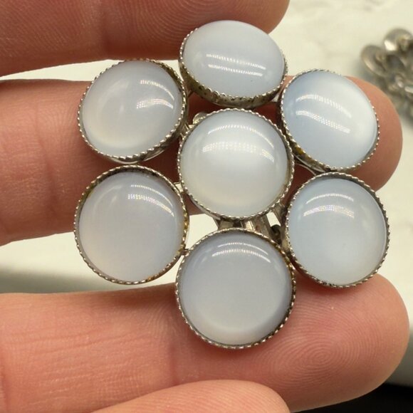 Vintage Moonstone Lucite Moonglow Clip-On Earrings Cluster Silver Tone NOTE - Picture 9 of 13